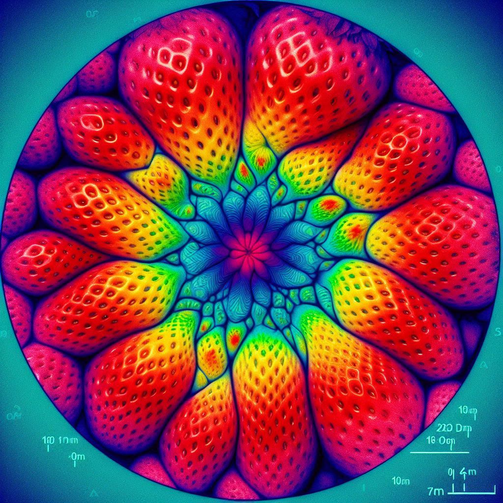 Fresas bajo análisis espectral mostrando patrones artificiales de coloración